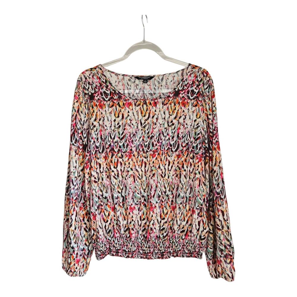 Liverpool Womens Blouse SM Multicolor Abstract Feather Smocked Waist L/S Viscose